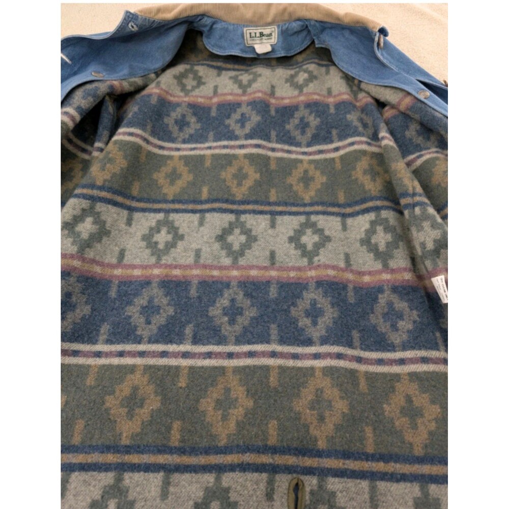 LL Bean Long Denim L Chore Coat Navajo Inspired Wool Blanket Lined Retro 80s - Picture 5 of 12